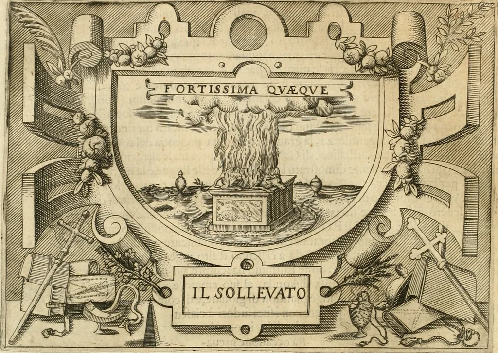 An illustration from Ragionamento di Lvca Contile sopra la proprietà delle imprese : con le particolari de gli academici Affidati et con le interpretationi et croniche, 1574, leaf 333