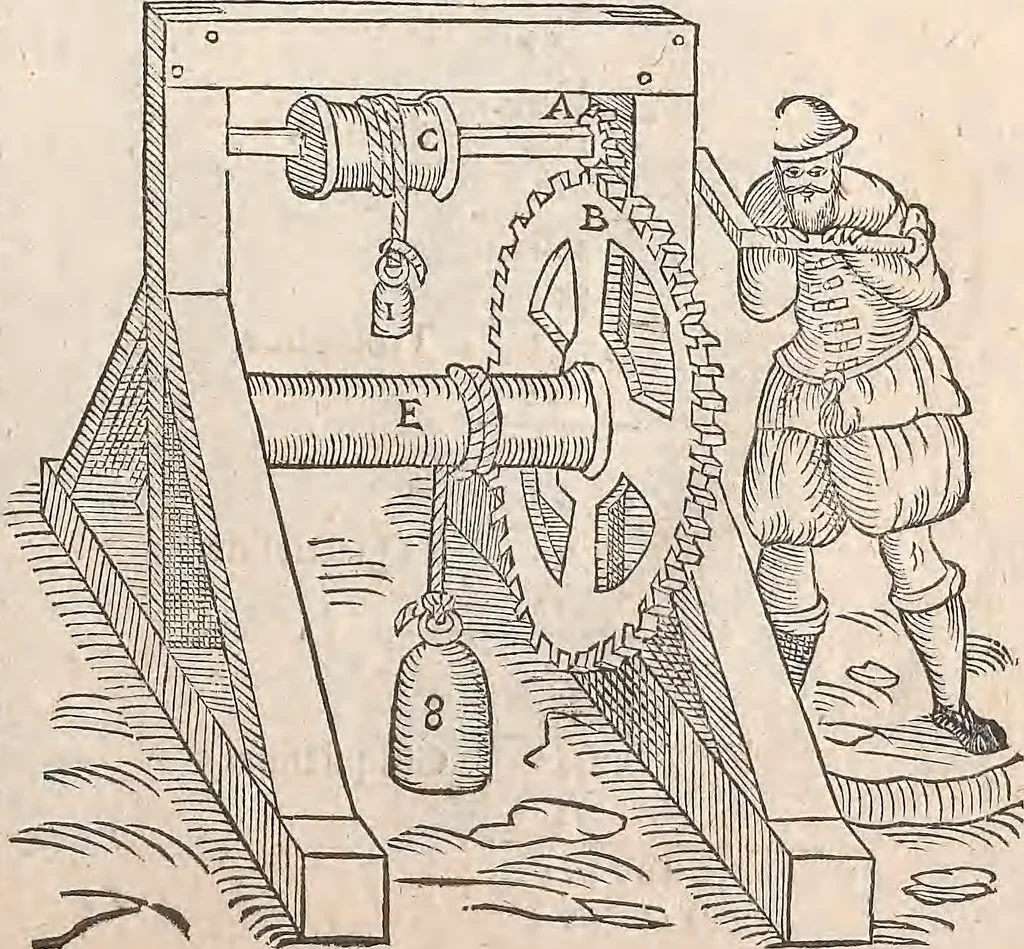 An illustration from Les raisons des forces mouuantes auec diuerses machines tant vtilles que plaisantes : aus quelles sont adioints plusieurs desseings de grotes et fontaines, 1615, leaf 28