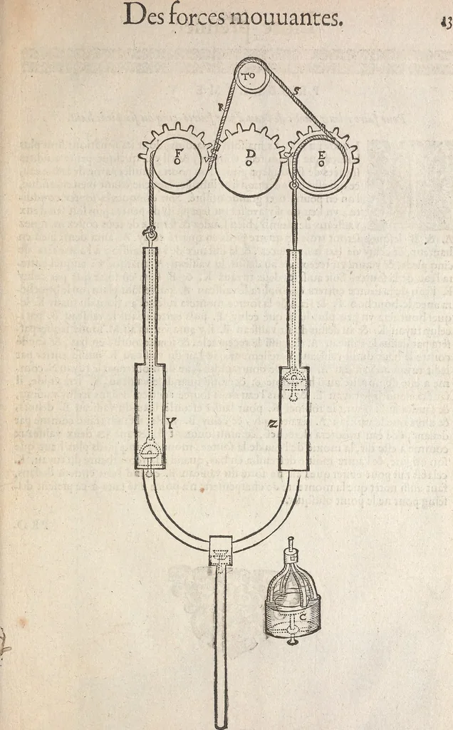 An illustration from Les raisons des forces mouuantes auec diuerses machines tant vtilles que plaisantes : aus quelles sont adioints plusieurs desseings de grotes et fontaines, 1615, leaf 40