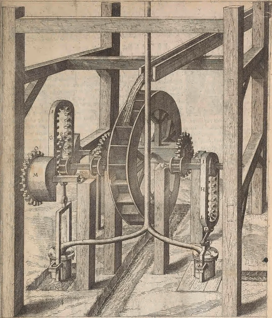 An illustration from Les raisons des forces mouuantes auec diuerses machines tant vtilles que plaisantes : aus quelles sont adioints plusieurs desseings de grotes et fontaines, 1615, leaf 64