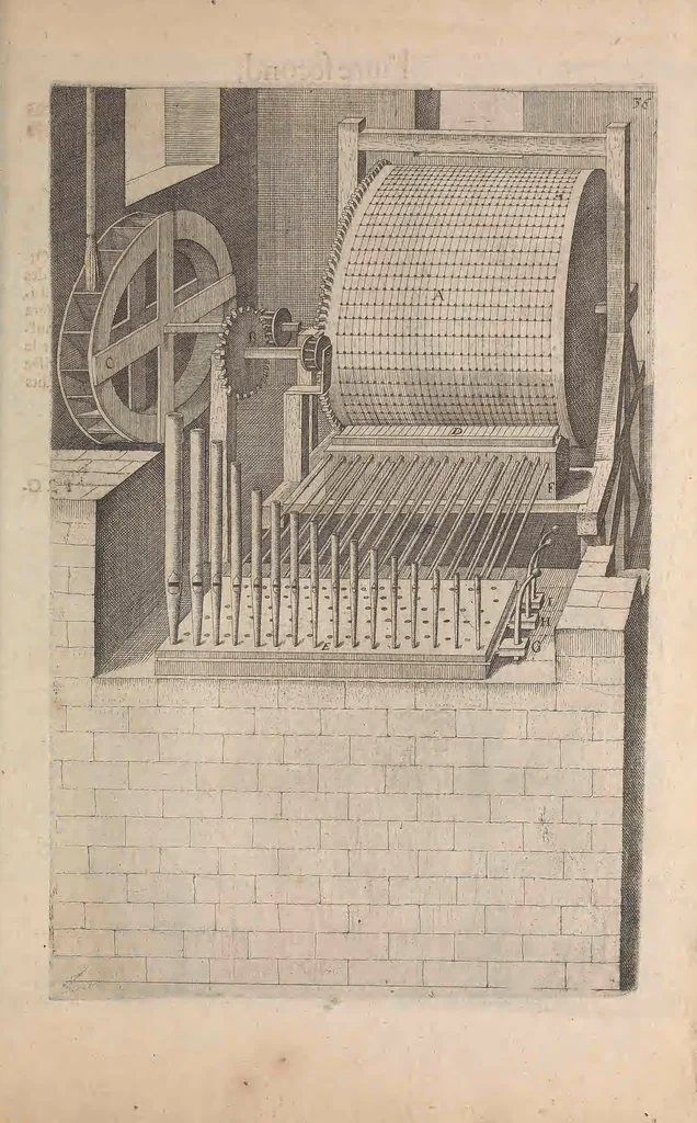 An illustration from Les raisons des forces mouuantes auec diuerses machines tant vtilles que plaisantes : aus quelles sont adioints plusieurs desseings de grotes et fontaines, 1615, leaf 90