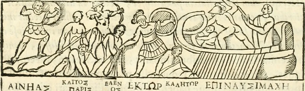 An illustration from Raphaelis Fabretti Gasparis F. Vrbinatis De columna Traiani syntagma : accesserunt explicatio veteris tabellae anaglyphae Homer Iliadem atque ex Stesichoro, Arctino et Lesche Ilii excidium continentis & emissarii lacus Fucini descriptio, 1683, leaf 143