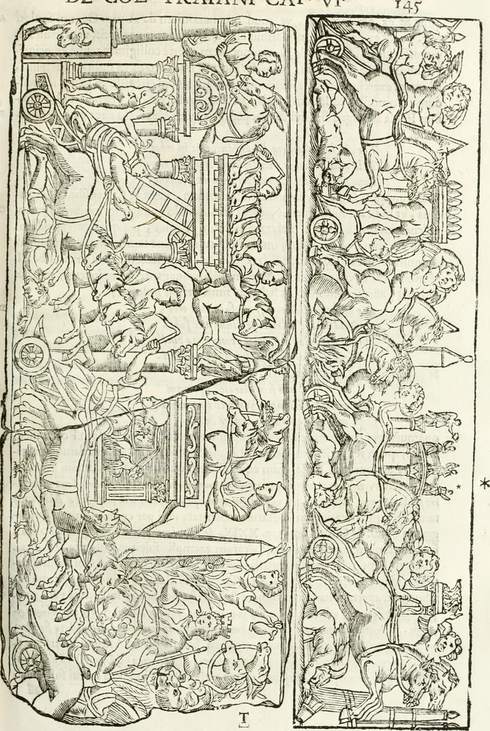An illustration from Raphaelis Fabretti Gasparis F. Vrbinatis De columna Traiani syntagma : accesserunt explicatio veteris tabellae anaglyphae Homer Iliadem atque ex Stesichoro, Arctino et Lesche Ilii excidium continentis & emissarii lacus Fucini descriptio, 1683, leaf 152