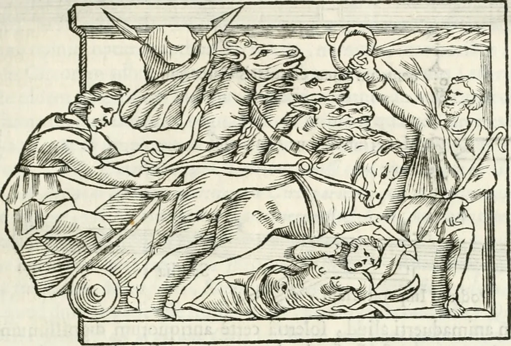 An illustration from Raphaelis Fabretti Gasparis F. Vrbinatis De columna Traiani syntagma : accesserunt explicatio veteris tabellae anaglyphae Homer Iliadem atque ex Stesichoro, Arctino et Lesche Ilii excidium continentis & emissarii lacus Fucini descriptio, 1683, leaf 154
