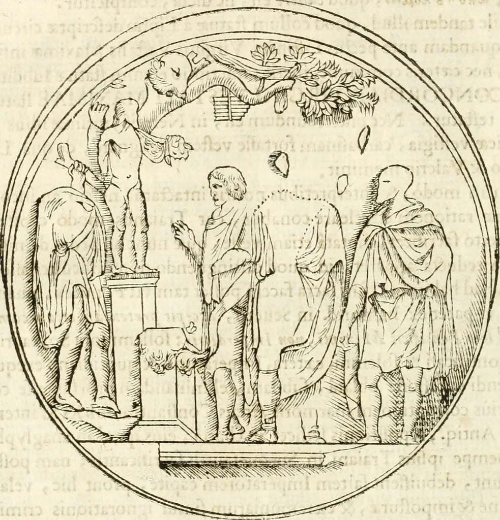An illustration from Raphaelis Fabretti Gasparis F. Vrbinatis De columna Traiani syntagma : accesserunt explicatio veteris tabellae anaglyphae Homer Iliadem atque ex Stesichoro, Arctino et Lesche Ilii excidium continentis & emissarii lacus Fucini descriptio, 1683, leaf 177