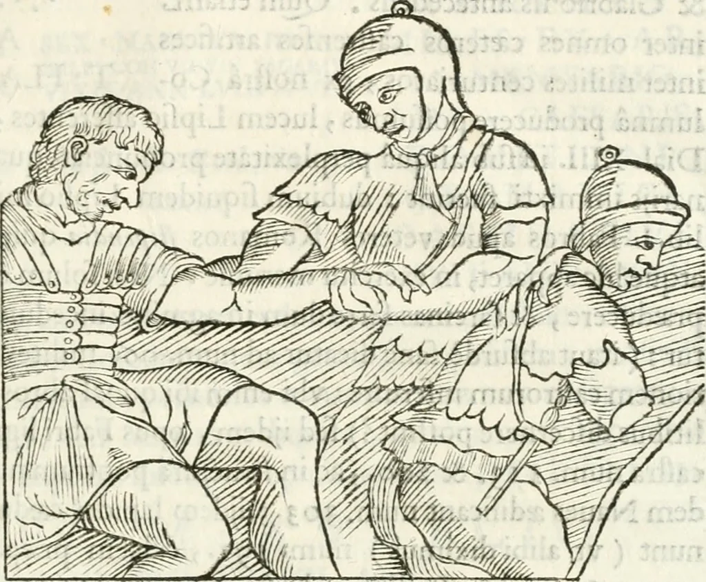 An illustration from Raphaelis Fabretti Gasparis F. Vrbinatis De columna Traiani syntagma : accesserunt explicatio veteris tabellae anaglyphae Homer Iliadem atque ex Stesichoro, Arctino et Lesche Ilii excidium continentis & emissarii lacus Fucini descriptio, 1683, leaf 214