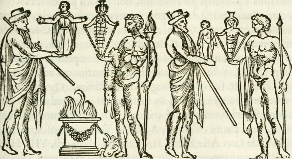 An illustration from Raphaelis Fabretti Gasparis F. Vrbinatis De columna Traiani syntagma : accesserunt explicatio veteris tabellae anaglyphae Homer Iliadem atque ex Stesichoro, Arctino et Lesche Ilii excidium continentis & emissarii lacus Fucini descriptio, 1683, leaf 218