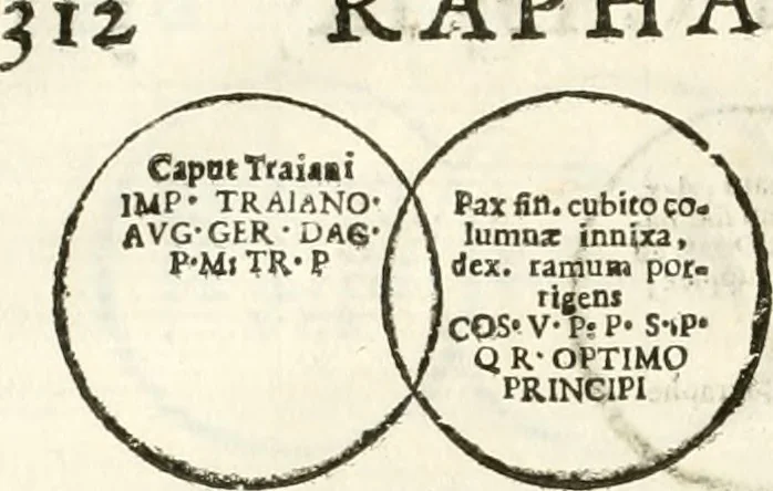 An illustration from Raphaelis Fabretti Gasparis F. Vrbinatis De columna Traiani syntagma : accesserunt explicatio veteris tabellae anaglyphae Homer Iliadem atque ex Stesichoro, Arctino et Lesche Ilii excidium continentis & emissarii lacus Fucini descriptio, 1683, leaf 319