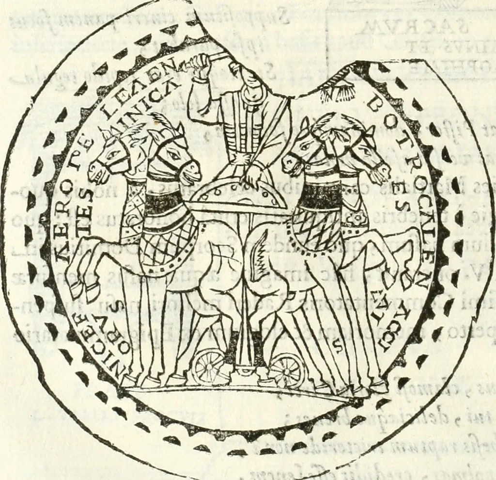 An illustration from Raphaelis Fabretti Gasparis F. Vrbinatis De columna Traiani syntagma : accesserunt explicatio veteris tabellae anaglyphae Homer Iliadem atque ex Stesichoro, Arctino et Lesche Ilii excidium continentis & emissarii lacus Fucini descriptio, 1683, leaf 349