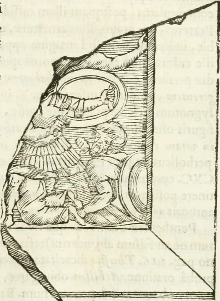 An illustration from Raphaelis Fabretti Gasparis F. Vrbinatis De columna Traiani syntagma : accesserunt explicatio veteris tabellae anaglyphae Homer Iliadem atque ex Stesichoro, Arctino et Lesche Ilii excidium continentis & emissarii lacus Fucini descriptio, 1683, leaf 358