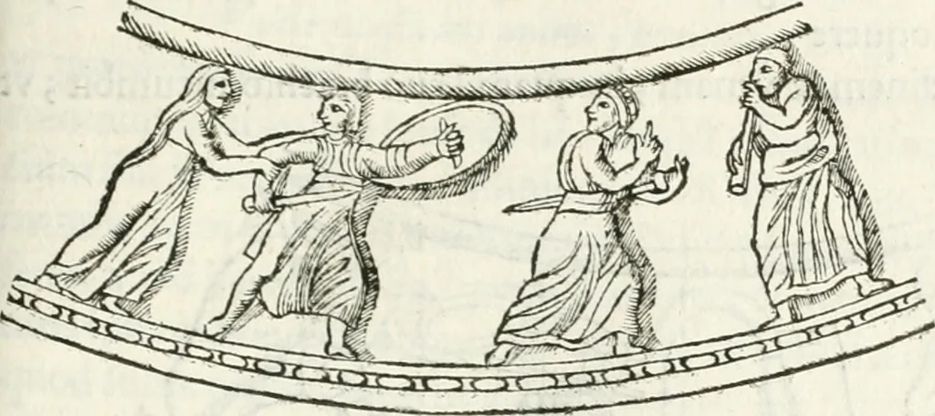 An illustration from Raphaelis Fabretti Gasparis F. Vrbinatis De columna Traiani syntagma : accesserunt explicatio veteris tabellae anaglyphae Homer Iliadem atque ex Stesichoro, Arctino et Lesche Ilii excidium continentis & emissarii lacus Fucini descriptio, 1683, leaf 368