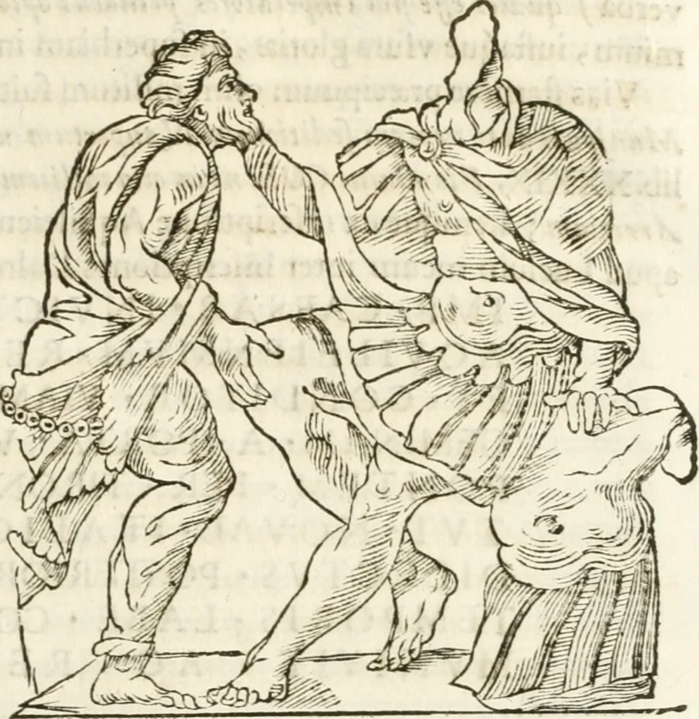 An illustration from Raphaelis Fabretti Gasparis F. Vrbinatis De columna Traiani syntagma : accesserunt explicatio veteris tabellae anaglyphae Homer Iliadem atque ex Stesichoro, Arctino et Lesche Ilii excidium continentis & emissarii lacus Fucini descriptio, 1683, leaf 52