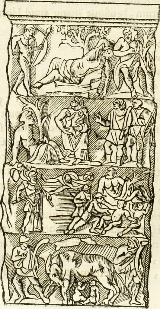 An illustration from Raphaelis Fabretti Gasparis F. Vrbinatis De columna Traiani syntagma : accesserunt explicatio veteris tabellae anaglyphae Homer Iliadem atque ex Stesichoro, Arctino et Lesche Ilii excidium continentis & emissarii lacus Fucini descriptio, 1683, leaf 89