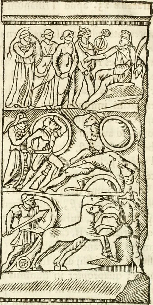 An illustration from Raphaelis Fabretti Gasparis F. Vrbinatis De columna Traiani syntagma : accesserunt explicatio veteris tabellae anaglyphae Homer Iliadem atque ex Stesichoro, Arctino et Lesche Ilii excidium continentis & emissarii lacus Fucini descriptio, 1683, leaf 89