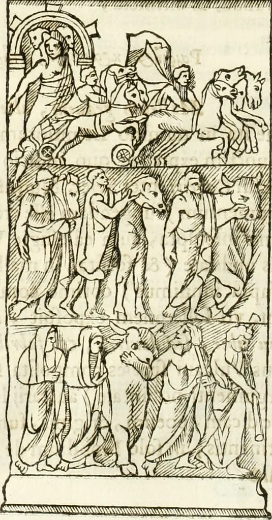 An illustration from Raphaelis Fabretti Gasparis F. Vrbinatis De columna Traiani syntagma : accesserunt explicatio veteris tabellae anaglyphae Homer Iliadem atque ex Stesichoro, Arctino et Lesche Ilii excidium continentis & emissarii lacus Fucini descriptio, 1683, leaf 89