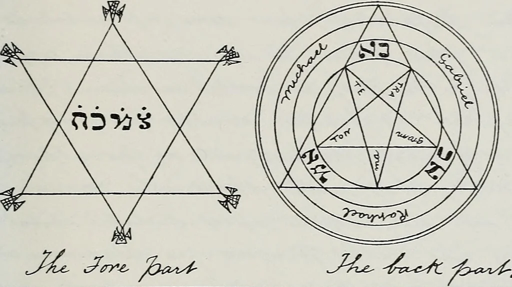 An illustration from Raphael's ancient manuscript of talismanic magic, containing nearly one hundred rare talismanic diagrams, seals of spirits, charms, magical squares, and pentacles for orations and invocation of elementary spirits, and the magical ritual of their conjuration. Explaining their influence and hidden powers. Recondite wisdom, by Raphael, 1916, leaf 104