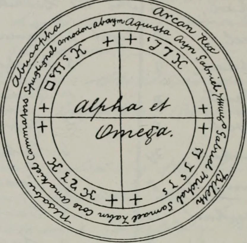 An illustration from Raphael's ancient manuscript of talismanic magic, containing nearly one hundred rare talismanic diagrams, seals of spirits, charms, magical squares, and pentacles for orations and invocation of elementary spirits, and the magical ritual of their conjuration. Explaining their influence and hidden powers. Recondite wisdom, by Raphael, 1916, leaf 43