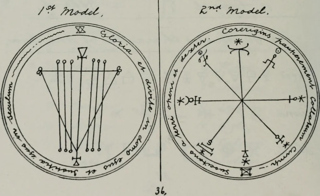 An illustration from Raphael's ancient manuscript of talismanic magic, containing nearly one hundred rare talismanic diagrams, seals of spirits, charms, magical squares, and pentacles for orations and invocation of elementary spirits, and the magical ritual of their conjuration. Explaining their influence and hidden powers. Recondite wisdom, by Raphael, 1916, leaf 43