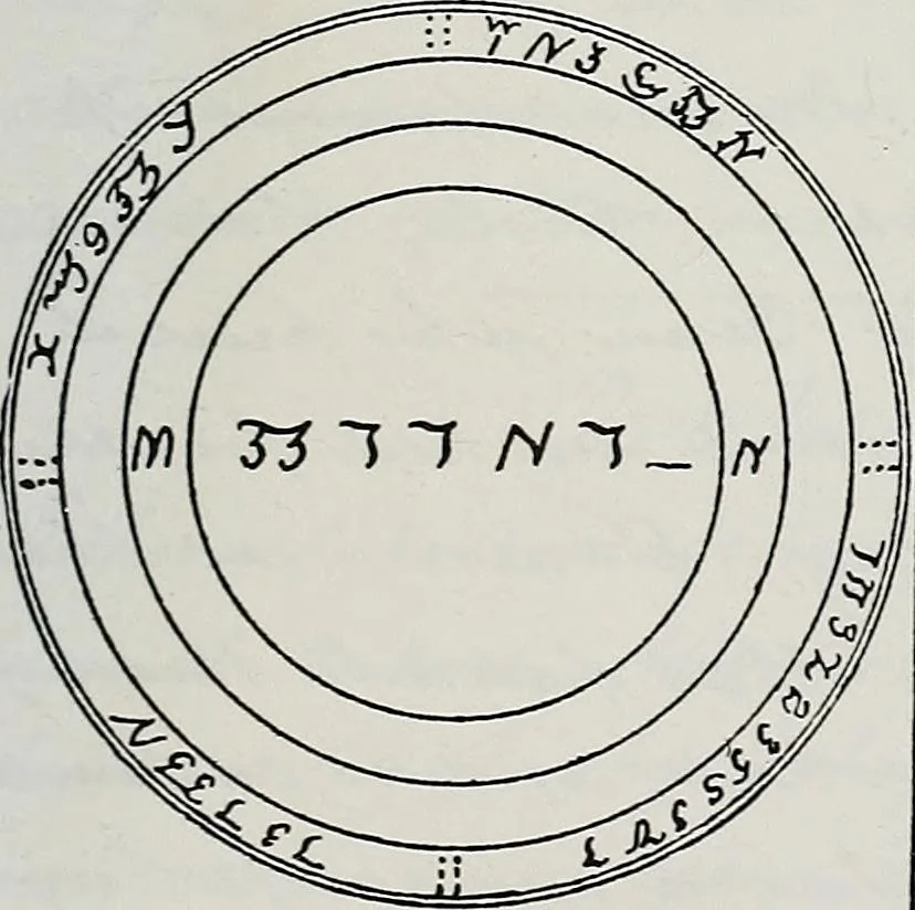 An illustration from Raphael's ancient manuscript of talismanic magic, containing nearly one hundred rare talismanic diagrams, seals of spirits, charms, magical squares, and pentacles for orations and invocation of elementary spirits, and the magical ritual of their conjuration. Explaining their influence and hidden powers. Recondite wisdom, by Raphael, 1916, leaf 44