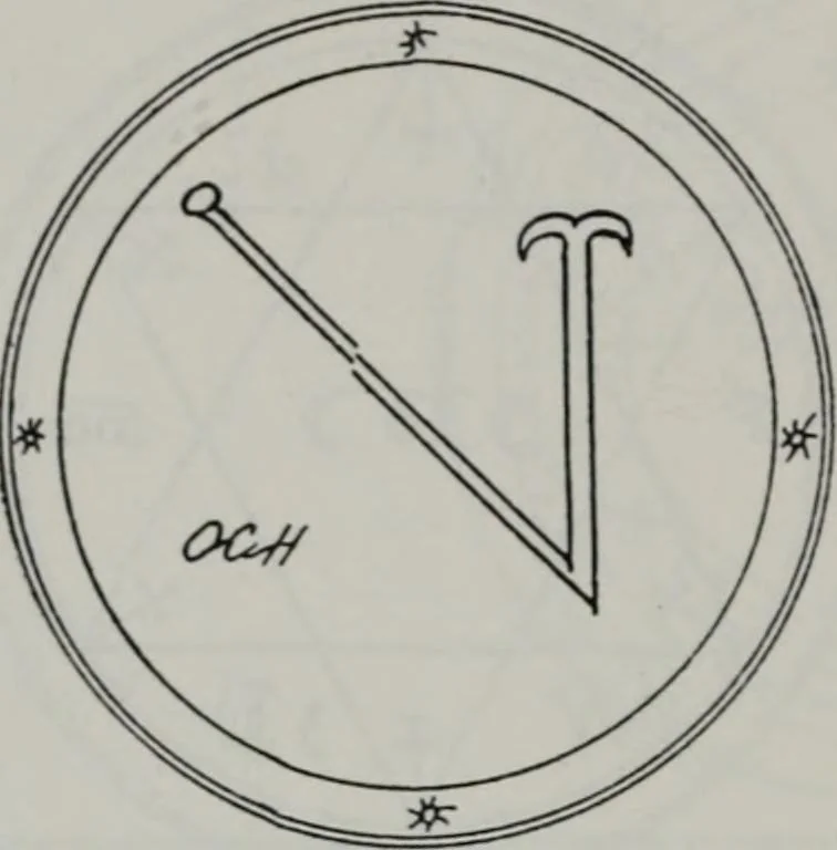 An illustration from Raphael's ancient manuscript of talismanic magic, containing nearly one hundred rare talismanic diagrams, seals of spirits, charms, magical squares, and pentacles for orations and invocation of elementary spirits, and the magical ritual of their conjuration. Explaining their influence and hidden powers. Recondite wisdom, by Raphael, 1916, leaf 45