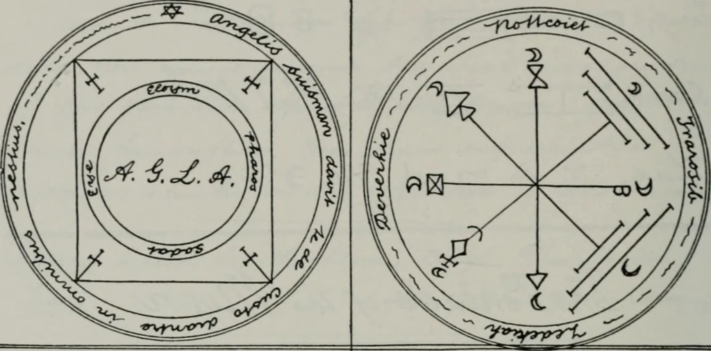 An illustration from Raphael's ancient manuscript of talismanic magic, containing nearly one hundred rare talismanic diagrams, seals of spirits, charms, magical squares, and pentacles for orations and invocation of elementary spirits, and the magical ritual of their conjuration. Explaining their influence and hidden powers. Recondite wisdom, by Raphael, 1916, leaf 51