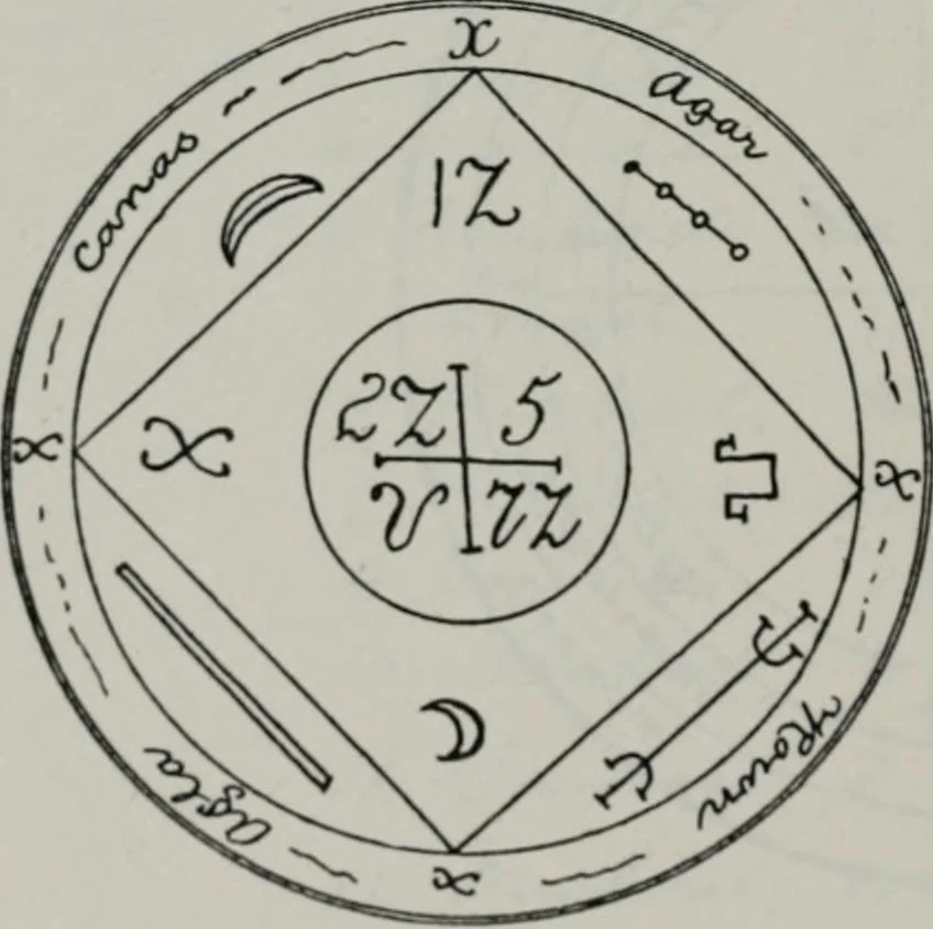 An illustration from Raphael's ancient manuscript of talismanic magic, containing nearly one hundred rare talismanic diagrams, seals of spirits, charms, magical squares, and pentacles for orations and invocation of elementary spirits, and the magical ritual of their conjuration. Explaining their influence and hidden powers. Recondite wisdom, by Raphael, 1916, leaf 51