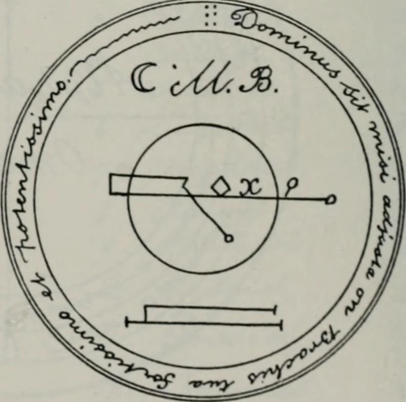 An illustration from Raphael's ancient manuscript of talismanic magic, containing nearly one hundred rare talismanic diagrams, seals of spirits, charms, magical squares, and pentacles for orations and invocation of elementary spirits, and the magical ritual of their conjuration. Explaining their influence and hidden powers. Recondite wisdom, by Raphael, 1916, leaf 51