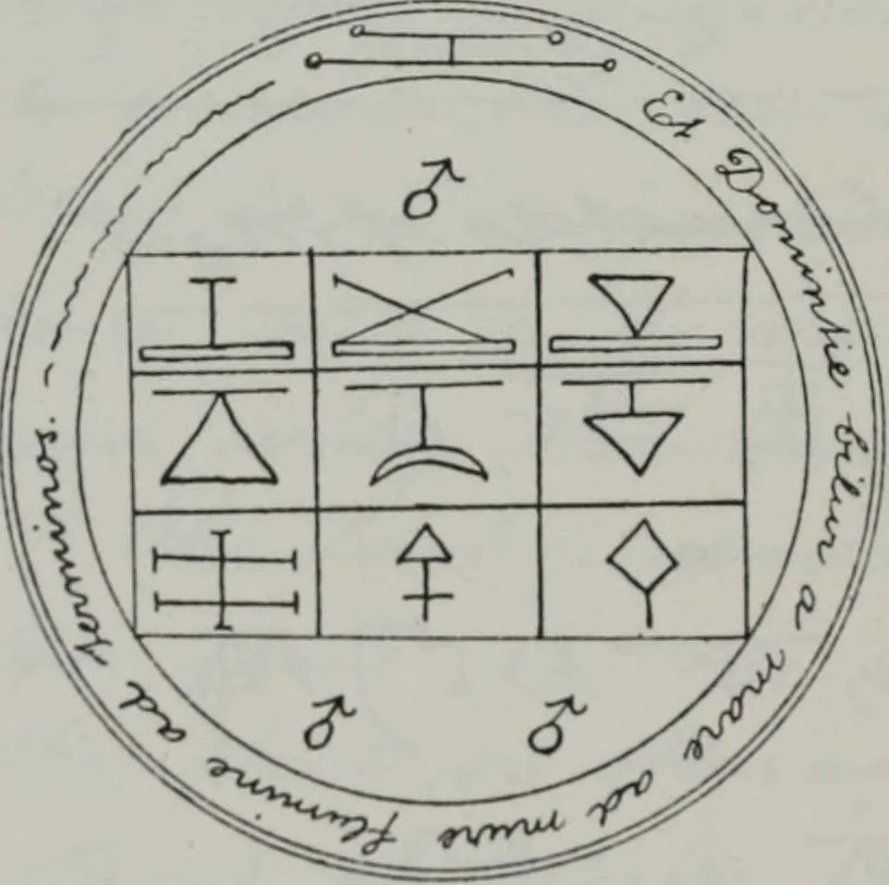 An illustration from Raphael's ancient manuscript of talismanic magic, containing nearly one hundred rare talismanic diagrams, seals of spirits, charms, magical squares, and pentacles for orations and invocation of elementary spirits, and the magical ritual of their conjuration. Explaining their influence and hidden powers. Recondite wisdom, by Raphael, 1916, leaf 57