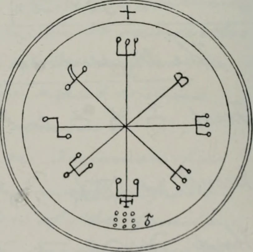 An illustration from Raphael's ancient manuscript of talismanic magic, containing nearly one hundred rare talismanic diagrams, seals of spirits, charms, magical squares, and pentacles for orations and invocation of elementary spirits, and the magical ritual of their conjuration. Explaining their influence and hidden powers. Recondite wisdom, by Raphael, 1916, leaf 57