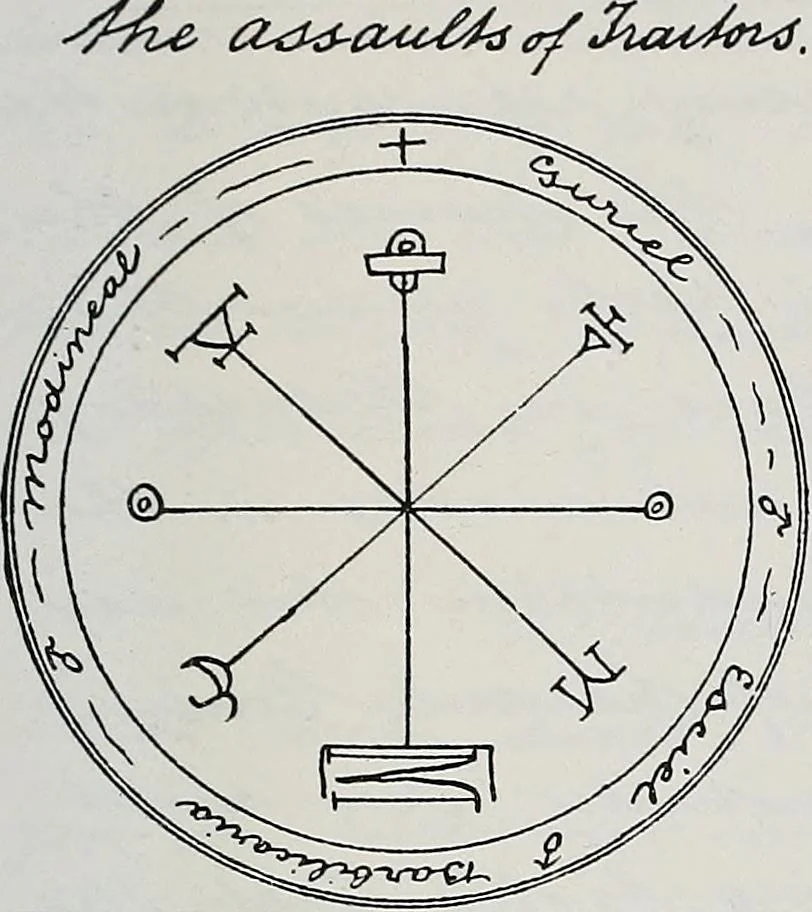 An illustration from Raphael's ancient manuscript of talismanic magic, containing nearly one hundred rare talismanic diagrams, seals of spirits, charms, magical squares, and pentacles for orations and invocation of elementary spirits, and the magical ritual of their conjuration. Explaining their influence and hidden powers. Recondite wisdom, by Raphael, 1916, leaf 58