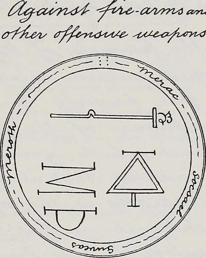 An illustration from Raphael's ancient manuscript of talismanic magic, containing nearly one hundred rare talismanic diagrams, seals of spirits, charms, magical squares, and pentacles for orations and invocation of elementary spirits, and the magical ritual of their conjuration. Explaining their influence and hidden powers. Recondite wisdom, by Raphael, 1916, leaf 58