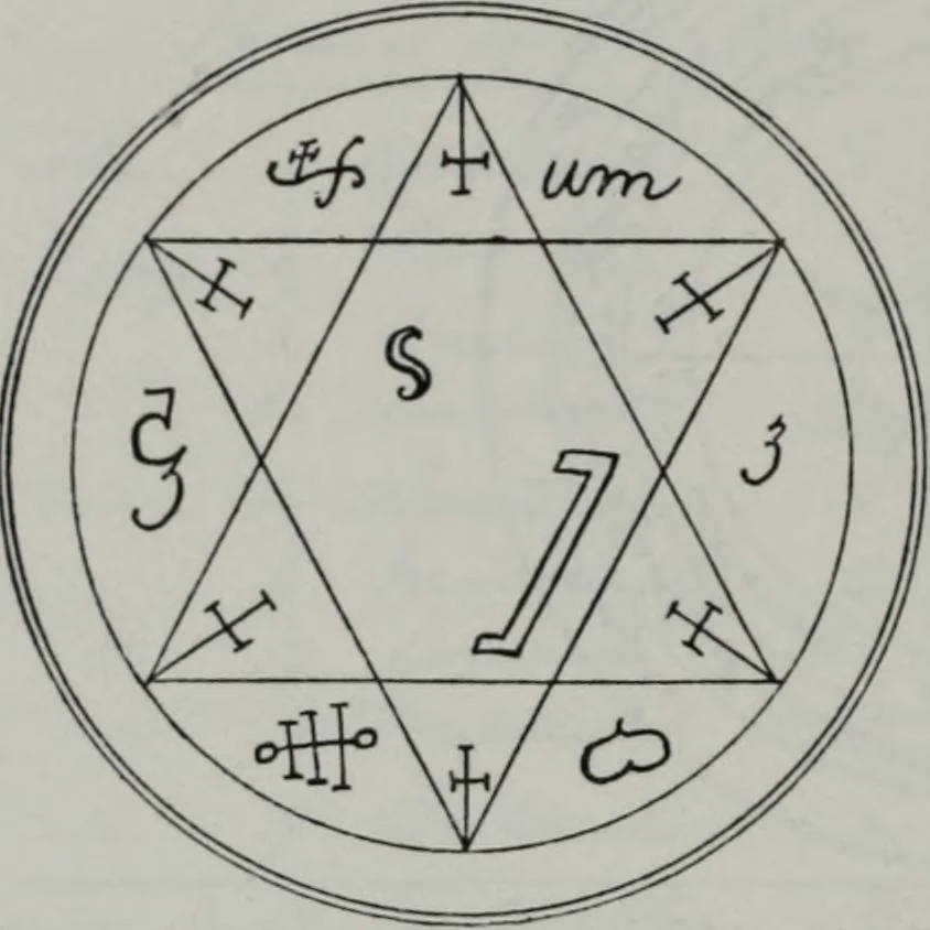 An illustration from Raphael's ancient manuscript of talismanic magic, containing nearly one hundred rare talismanic diagrams, seals of spirits, charms, magical squares, and pentacles for orations and invocation of elementary spirits, and the magical ritual of their conjuration. Explaining their influence and hidden powers. Recondite wisdom, by Raphael, 1916, leaf 65