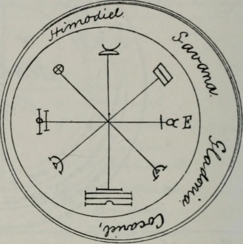 An illustration from Raphael's ancient manuscript of talismanic magic, containing nearly one hundred rare talismanic diagrams, seals of spirits, charms, magical squares, and pentacles for orations and invocation of elementary spirits, and the magical ritual of their conjuration. Explaining their influence and hidden powers. Recondite wisdom, by Raphael, 1916, leaf 65