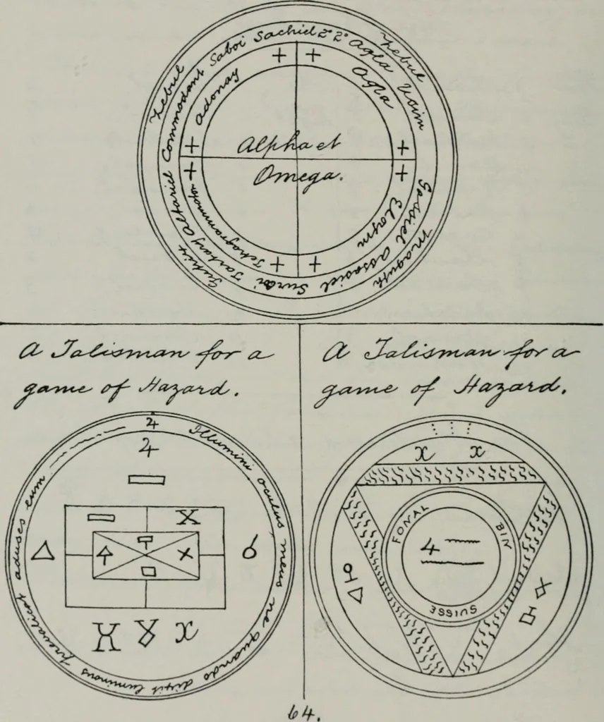 An illustration from Raphael's ancient manuscript of talismanic magic, containing nearly one hundred rare talismanic diagrams, seals of spirits, charms, magical squares, and pentacles for orations and invocation of elementary spirits, and the magical ritual of their conjuration. Explaining their influence and hidden powers. Recondite wisdom, by Raphael, 1916, leaf 71