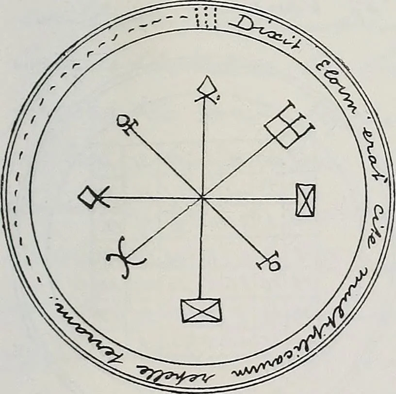 An illustration from Raphael's ancient manuscript of talismanic magic, containing nearly one hundred rare talismanic diagrams, seals of spirits, charms, magical squares, and pentacles for orations and invocation of elementary spirits, and the magical ritual of their conjuration. Explaining their influence and hidden powers. Recondite wisdom, by Raphael, 1916, leaf 78