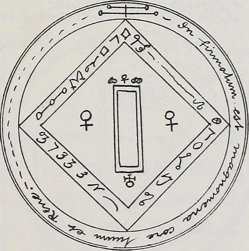 An illustration from Raphael's ancient manuscript of talismanic magic, containing nearly one hundred rare talismanic diagrams, seals of spirits, charms, magical squares, and pentacles for orations and invocation of elementary spirits, and the magical ritual of their conjuration. Explaining their influence and hidden powers. Recondite wisdom, by Raphael, 1916, leaf 78