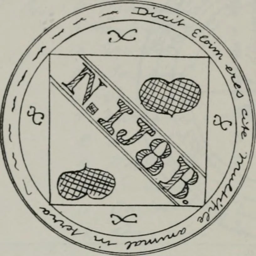 An illustration from Raphael's ancient manuscript of talismanic magic, containing nearly one hundred rare talismanic diagrams, seals of spirits, charms, magical squares, and pentacles for orations and invocation of elementary spirits, and the magical ritual of their conjuration. Explaining their influence and hidden powers. Recondite wisdom, by Raphael, 1916, leaf 79
