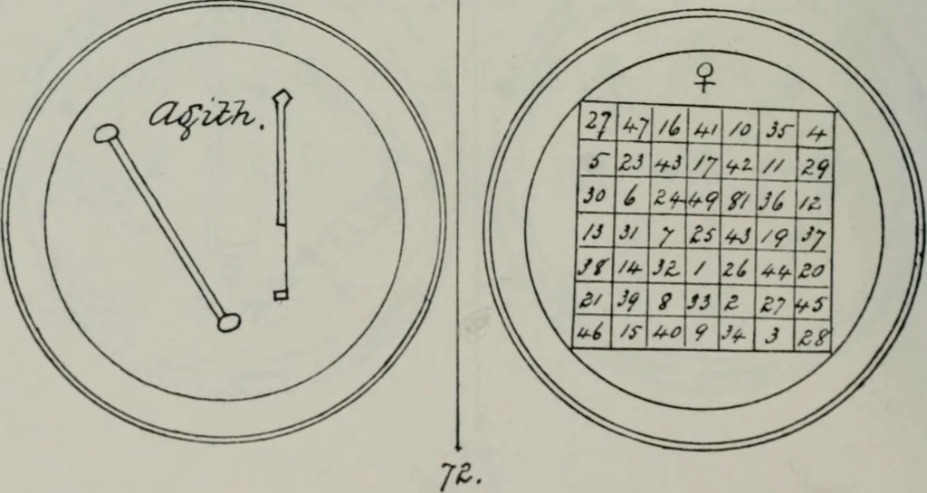 An illustration from Raphael's ancient manuscript of talismanic magic, containing nearly one hundred rare talismanic diagrams, seals of spirits, charms, magical squares, and pentacles for orations and invocation of elementary spirits, and the magical ritual of their conjuration. Explaining their influence and hidden powers. Recondite wisdom, by Raphael, 1916, leaf 79