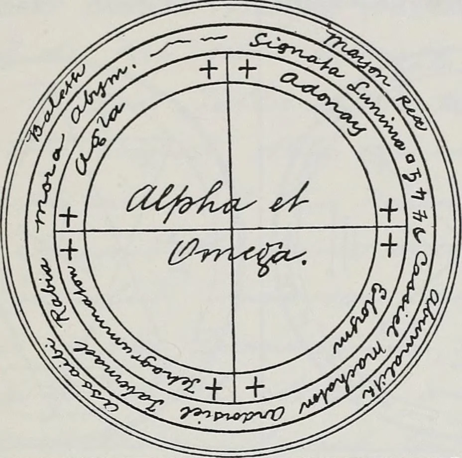 An illustration from Raphael's ancient manuscript of talismanic magic, containing nearly one hundred rare talismanic diagrams, seals of spirits, charms, magical squares, and pentacles for orations and invocation of elementary spirits, and the magical ritual of their conjuration. Explaining their influence and hidden powers. Recondite wisdom, by Raphael, 1916, leaf 86