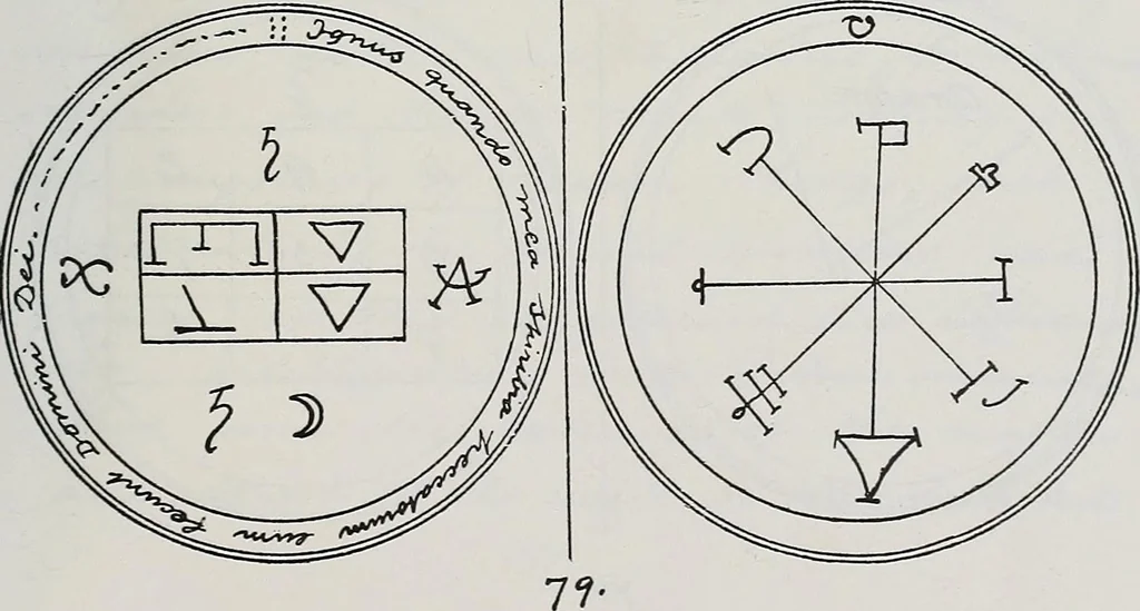 An illustration from Raphael's ancient manuscript of talismanic magic, containing nearly one hundred rare talismanic diagrams, seals of spirits, charms, magical squares, and pentacles for orations and invocation of elementary spirits, and the magical ritual of their conjuration. Explaining their influence and hidden powers. Recondite wisdom, by Raphael, 1916, leaf 86