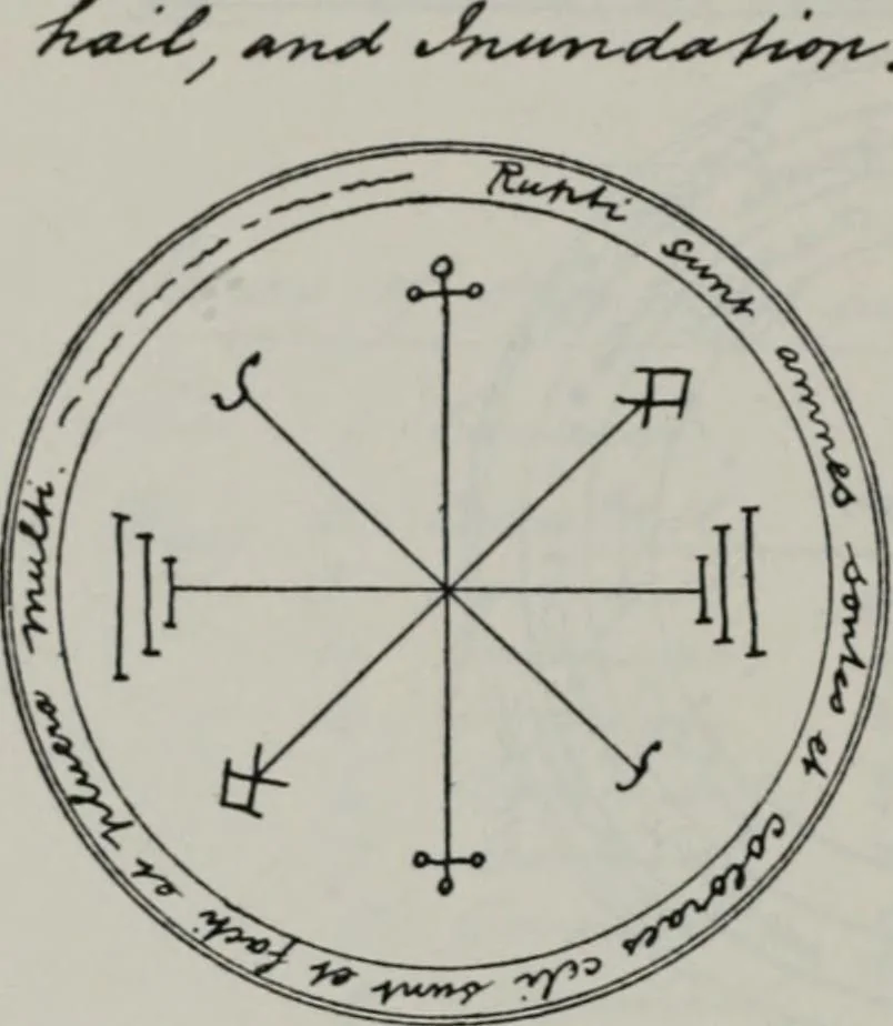 An illustration from Raphael's ancient manuscript of talismanic magic, containing nearly one hundred rare talismanic diagrams, seals of spirits, charms, magical squares, and pentacles for orations and invocation of elementary spirits, and the magical ritual of their conjuration. Explaining their influence and hidden powers. Recondite wisdom, by Raphael, 1916, leaf 87