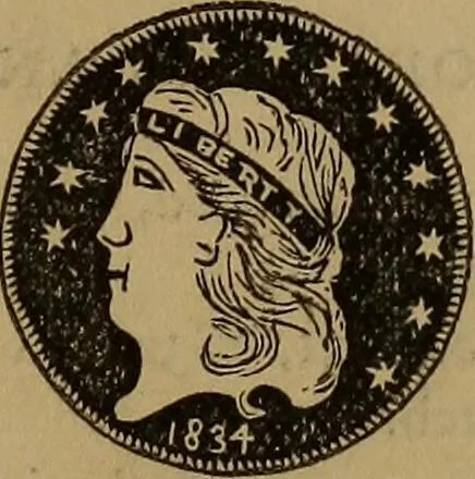 An illustration from Rare American coins: their description, and past and present fictitious values, 1887, leaf 14