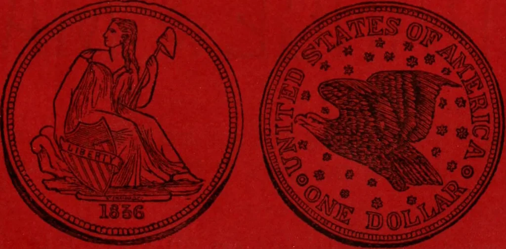 An illustration from Rare American coins: their description, and past and present fictitious values, 1887, leaf 32