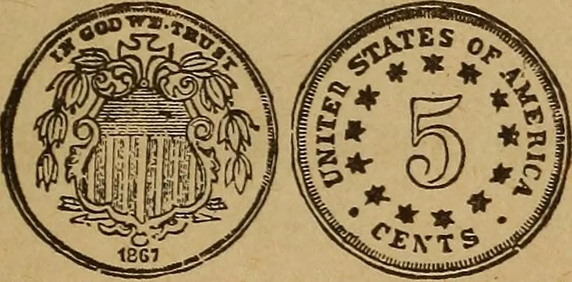 An illustration from The rare coins of America, England, Ireland, Scotland, France, Germany, and Spain ... a complete list of and prices paid for rare American ... coins, fractional currency, colonial, continental and Confederate paper money; a list of all counterfeit U. S. Treasury and national bank notes and Canadian banks notes, and how to detect them; the market value of all nations' coins and bank notes in U.S. money; a list of and prices paid for rare English, Irish, Scotch, French, German and Spanish coins. Illustrated with about 150 cuts, 1889, leaf 102