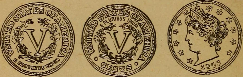 An illustration from The rare coins of America, England, Ireland, Scotland, France, Germany, and Spain ... a complete list of and prices paid for rare American ... coins, fractional currency, colonial, continental and Confederate paper money; a list of all counterfeit U. S. Treasury and national bank notes and Canadian banks notes, and how to detect them; the market value of all nations' coins and bank notes in U.S. money; a list of and prices paid for rare English, Irish, Scotch, French, German and Spanish coins. Illustrated with about 150 cuts, 1889, leaf 103