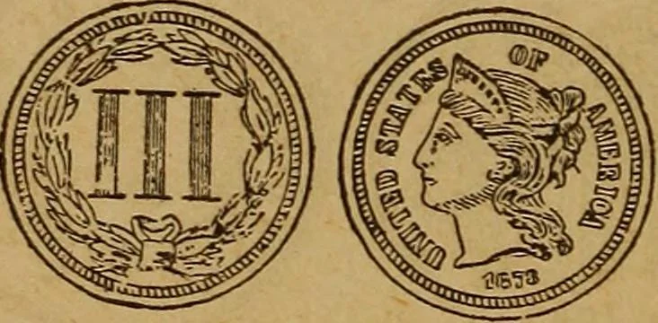An illustration from The rare coins of America, England, Ireland, Scotland, France, Germany, and Spain ... a complete list of and prices paid for rare American ... coins, fractional currency, colonial, continental and Confederate paper money; a list of all counterfeit U. S. Treasury and national bank notes and Canadian banks notes, and how to detect them; the market value of all nations' coins and bank notes in U.S. money; a list of and prices paid for rare English, Irish, Scotch, French, German and Spanish coins. Illustrated with about 150 cuts, 1889, leaf 103