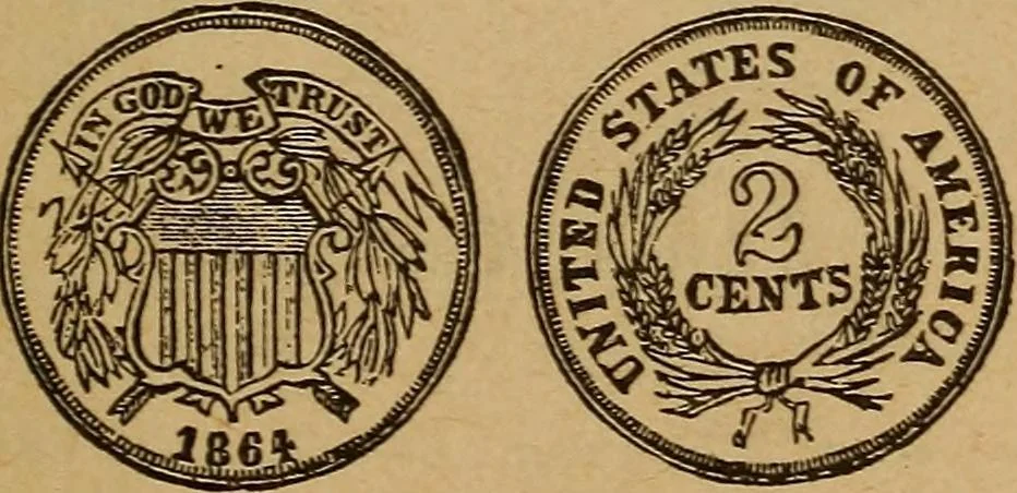 An illustration from The rare coins of America, England, Ireland, Scotland, France, Germany, and Spain ... a complete list of and prices paid for rare American ... coins, fractional currency, colonial, continental and Confederate paper money; a list of all counterfeit U. S. Treasury and national bank notes and Canadian banks notes, and how to detect them; the market value of all nations' coins and bank notes in U.S. money; a list of and prices paid for rare English, Irish, Scotch, French, German and Spanish coins. Illustrated with about 150 cuts, 1889, leaf 104