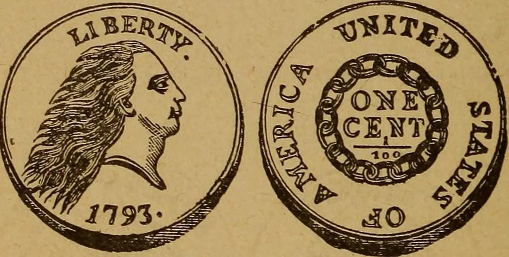 An illustration from The rare coins of America, England, Ireland, Scotland, France, Germany, and Spain ... a complete list of and prices paid for rare American ... coins, fractional currency, colonial, continental and Confederate paper money; a list of all counterfeit U. S. Treasury and national bank notes and Canadian banks notes, and how to detect them; the market value of all nations' coins and bank notes in U.S. money; a list of and prices paid for rare English, Irish, Scotch, French, German and Spanish coins. Illustrated with about 150 cuts, 1889, leaf 105