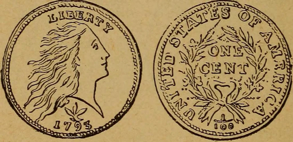 An illustration from The rare coins of America, England, Ireland, Scotland, France, Germany, and Spain ... a complete list of and prices paid for rare American ... coins, fractional currency, colonial, continental and Confederate paper money; a list of all counterfeit U. S. Treasury and national bank notes and Canadian banks notes, and how to detect them; the market value of all nations' coins and bank notes in U.S. money; a list of and prices paid for rare English, Irish, Scotch, French, German and Spanish coins. Illustrated with about 150 cuts, 1889, leaf 107