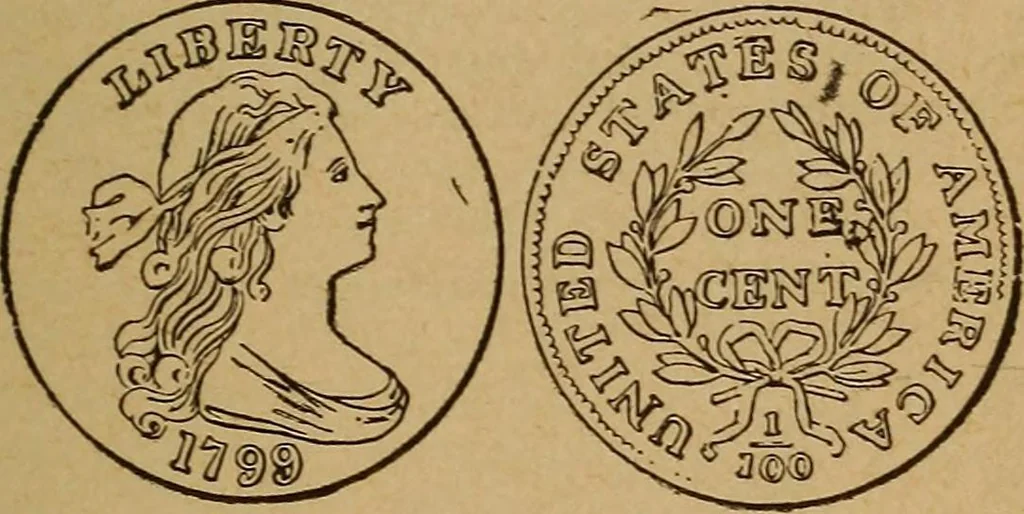 An illustration from The rare coins of America, England, Ireland, Scotland, France, Germany, and Spain ... a complete list of and prices paid for rare American ... coins, fractional currency, colonial, continental and Confederate paper money; a list of all counterfeit U. S. Treasury and national bank notes and Canadian banks notes, and how to detect them; the market value of all nations' coins and bank notes in U.S. money; a list of and prices paid for rare English, Irish, Scotch, French, German and Spanish coins. Illustrated with about 150 cuts, 1889, leaf 110